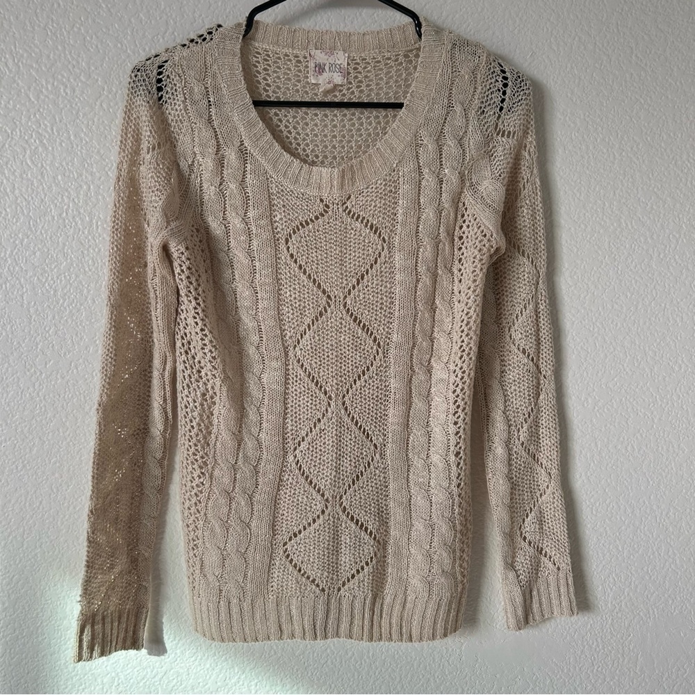 Pink Rose Beige Cable Knit Cozy, Crochet, Knit, Layer, Lightweight Sweater